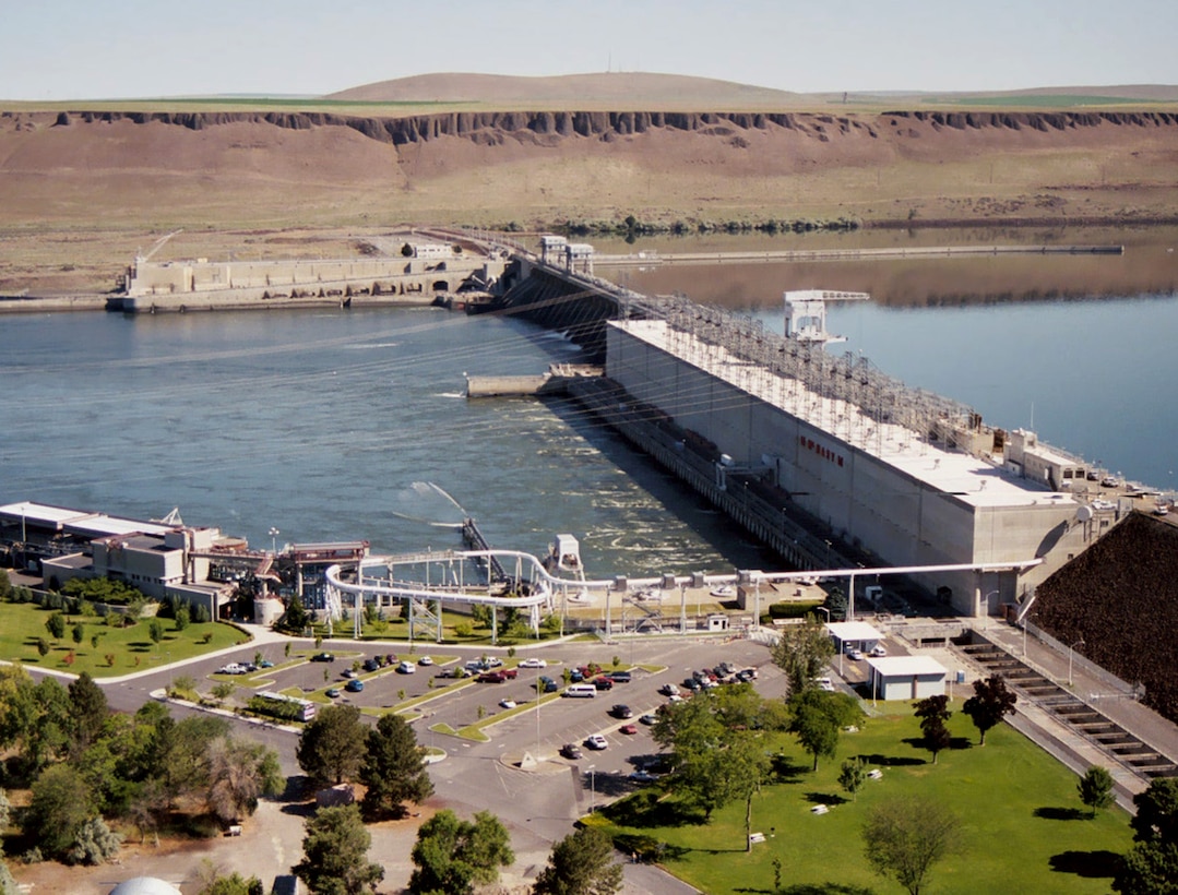 Aerial photo of McNary Lock and Dam, near Umatilla, Oregon.