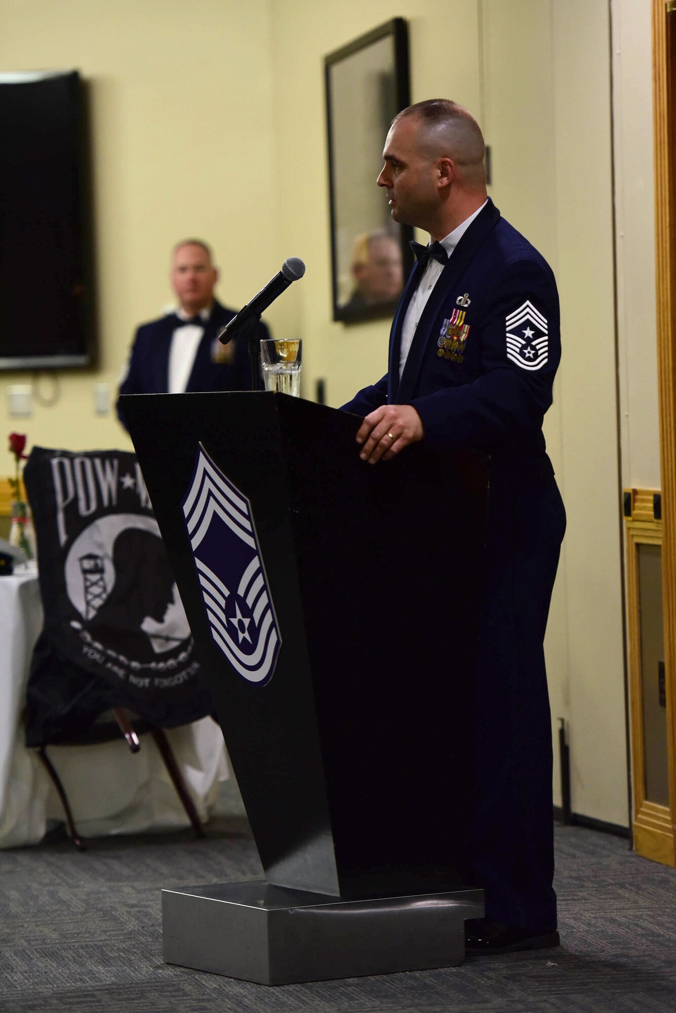 U.S. Air Force Chief Master Sgt. James Lyda, the 509th Bomb Wing command chief, speaks during the 2018 Chief Induction Ceremony at Whiteman Air Force Base, Mo., March 16, 2018.