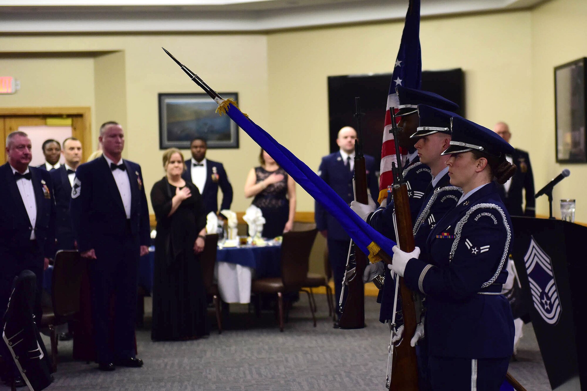 Six chief master sergeant medallions lay on a table at the Mission’s End Club at Whiteman Air Force Base, Mo., March 16, 2018.