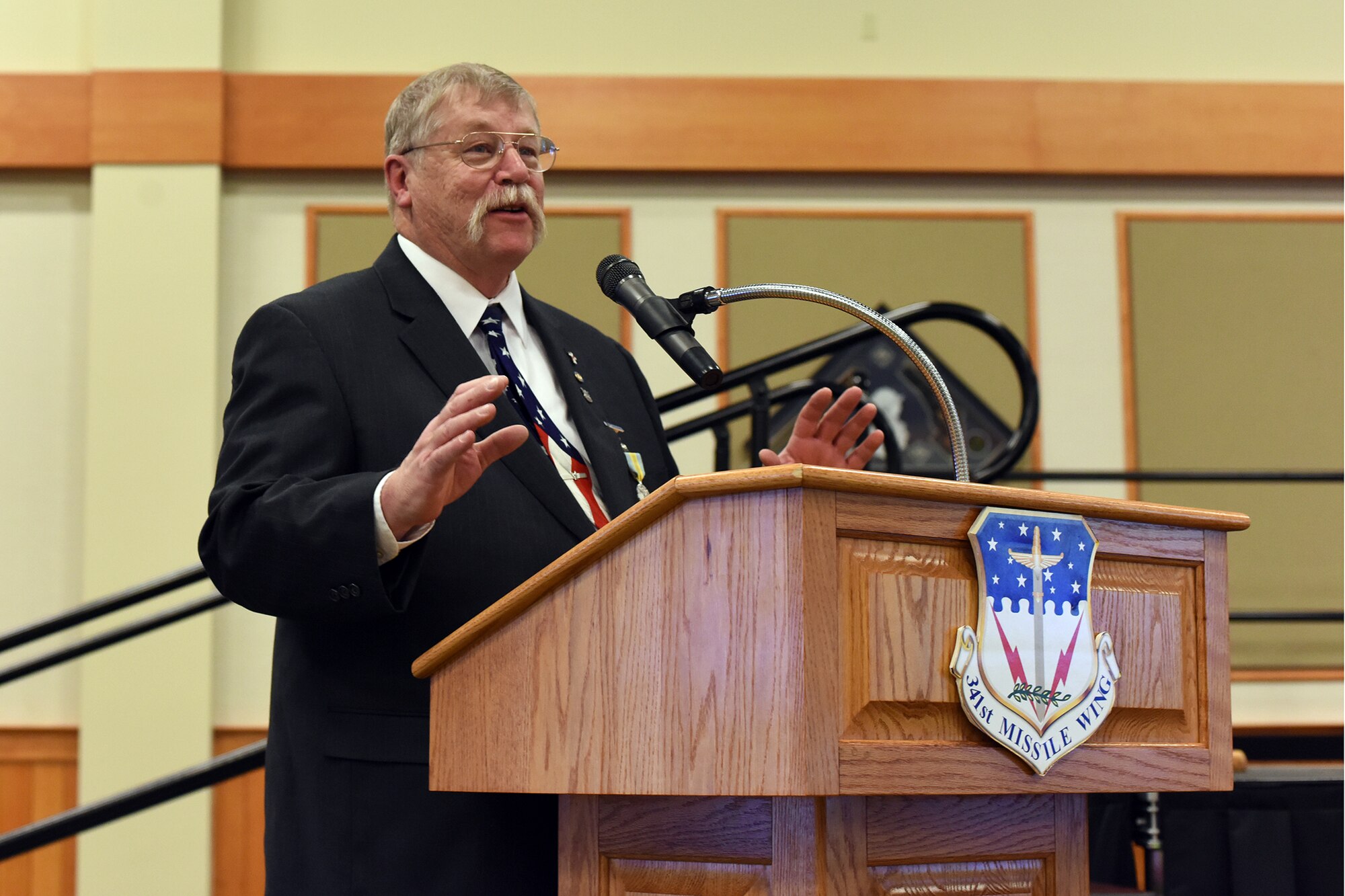 180228-F-UQ541-0673 Peter Woelkers Sr., 341st Missile Wing Weapons Safety Office chief of weapons safety/nuclear surety officer, offers remarks to attendees at his retirement ceremony, Feb. 28, 2018, at Malmstrom Air Force Base, Mont. Woelkers said goodbye to Malmstrom after a 20-year civilian career. (U.S. Air Force photo by Kiersten McCutchan)