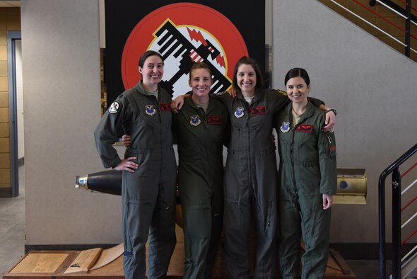 Members of the 34th Bomb Squadron, Capt. Lillian Pryor, a B-1 pilot; Capt. Danielle Zidack, a weapon systems officer; Capt. Lauren Olme, a B-1 pilot; and 1st Lt. Kimberly Auton, a weapon systems officer, stand together prior to conducting an all-female flight out of Ellsworth Air Force Base, S.D., March 21, 2018. The flight was in honor of Women’s History Month and consisted of routine training in the local area. (U.S. Air Force photo by Staff Sgt. Jette Carr)