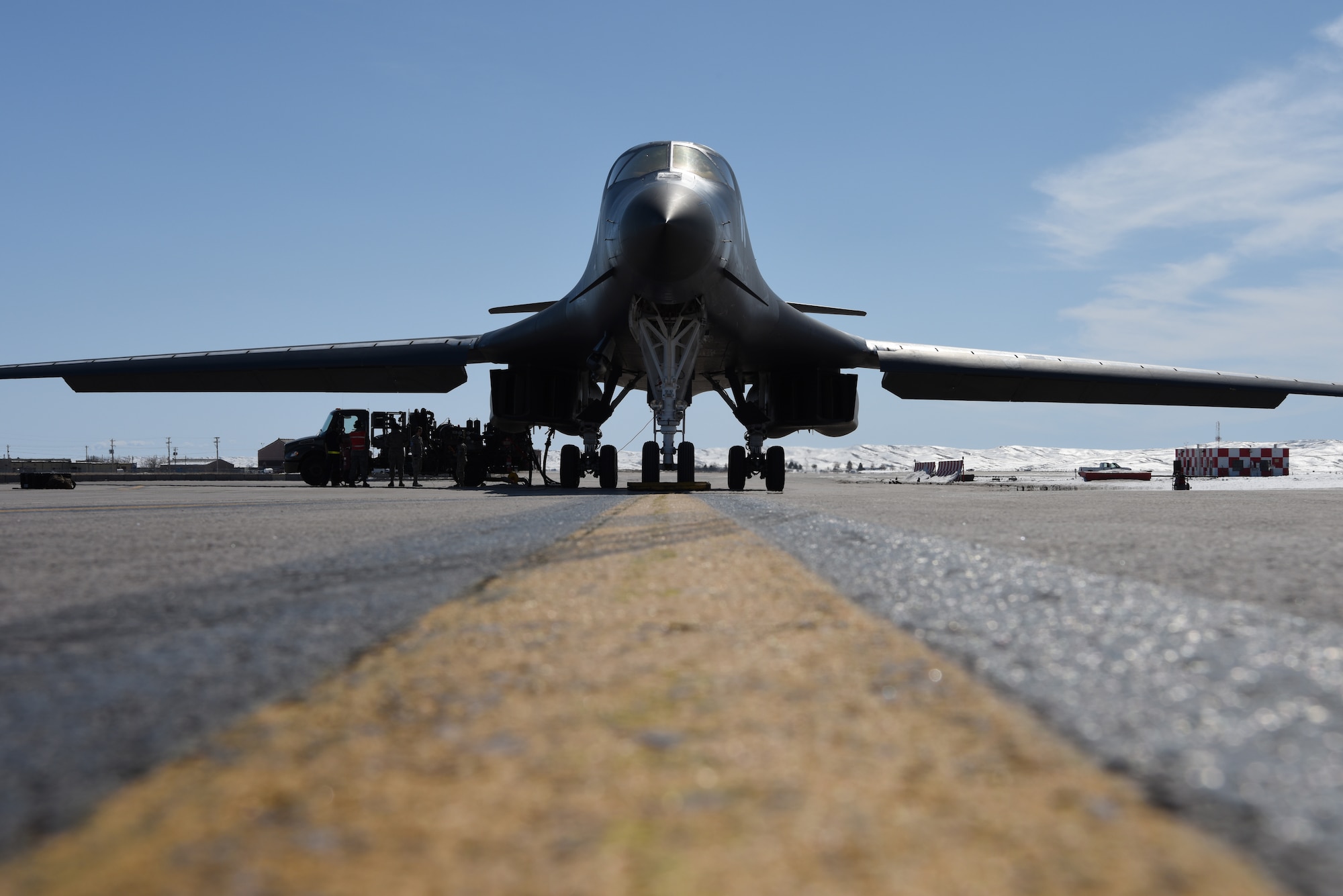 A B-1 is inspected prior to an all-female aircrew from the 34th Bomb Squadron taking flight out of Ellsworth Air Force, S.D., March 21, 2018. The flight was in honor of Women’s History Month and consisted of routine training in the local area. (U.S. Air Force photo by Senior Airman James Miller)