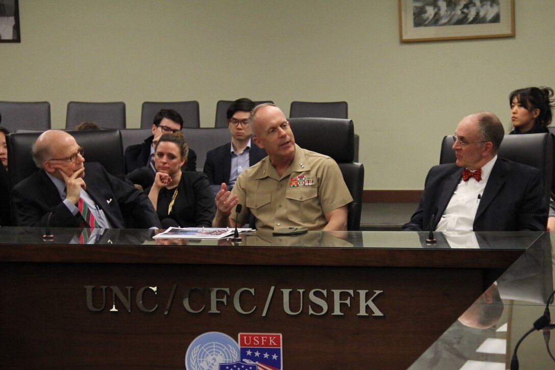 Maj. Gen. Hermesmann, commander, U.S. Marine Corps Forces Korea, speaks with the students of John Hopkins School of Advanced International Studies here, March 22.  The Marines and students discussed current affairs for the Marine Corps in the Republic of Korea.  (Official U.S. Marine Corps photo by Sgt. Nathaniel Hanscom/Released)