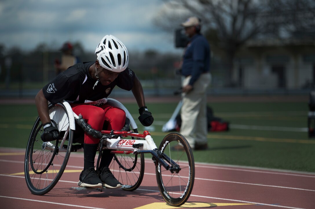 U.S. Marine Corps Lance Cpl. Demoni Boyce, Wounded Warrior Battalion East, competes in the 2018 Marine Corps Trials track competition at Marine Corps Base Camp Lejeune, N.C., March 20, 2018. The Marine Corps Trials promotes recovery and rehabilitation through adaptive sport participation and develops camaraderie among recovering service members (RSMs) and veterans. It is an opportunity for RSMs to demonstrate their achievements and serves as the primary venue to select Marine Corps participants for the DoD Warrior Games. (U.S. Marine Corps photo by Sgt. Annika Moody)