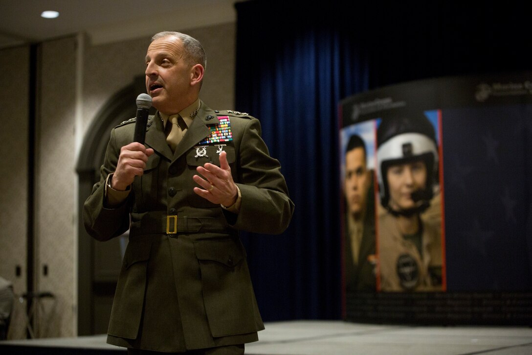 Lt. Gen. Michael G. Dana, Deputy Commandant of Installations and Logistics, speaks about the value of the logistics community in the Marine Corps at the Marine Corps Association and Foundation's 14th annual Ground Logistics Awards Dinner at the Crystal Gateway Marriott, Arlington, Virginia, March 22, 2018. Competing against every logistics unit in the Marine Corps, MWSS-473 has, for the first time in the awards history, won the Marine Corps Logistics Organization/Team of the Year for a large unit award for all their humanitarian and relief efforts with hurricane's Harvey and Irma, as well as aide relief for a plane crash in Mississippi. (U.S. Marine Corps photo by Cpl. Dallas Johnson)