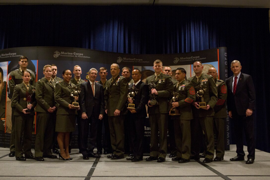 All the winners of the Marine Corps Association and Foundation's 14th annual Ground Logistics Awards pose for a photo at the Crystal Gateway Marriott, Arlington, Virginia, March 22, 2018. The dinner provided the formal opportunity to recognize the professional achievements of the top performing Marine logisticians and logistics unit of the year for the previous year.