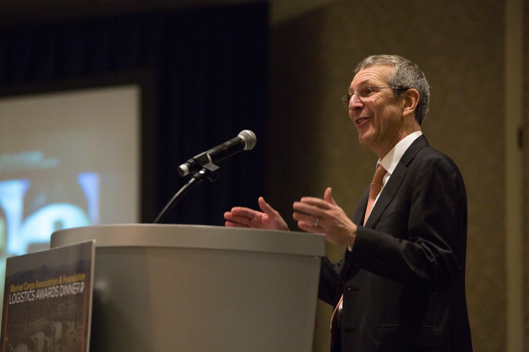 Alan Estevez, former Principal Deputy Under Secretary of Defense for Acquisition, Technology and Logistics, speaks about the importance of technology and how it deals with logistics at the Marine Corps Association and Foundation's 14th annual Ground Logistics Awards Dinner at the Crystal Gateway Marriott, Arlington, Virginia, March 22, 2018. Estevez attended the award dinner as the special guest and spoke about the  efforts to raise awarness about the Marine Corps  warfighting capabilities, management efficiency and the need to become more technologically advanced. (U.S. Marine Corps photo by Cpl. Dallas Johnson)