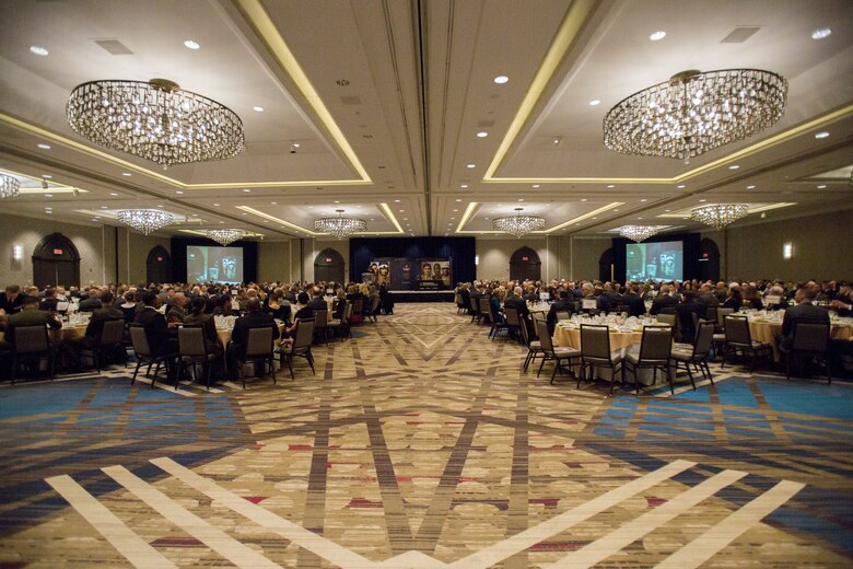Approximately 500 Active, Reserve and retired Marines within the logistics community attend the Marine Corps Association and Foundation's 14th annual Ground Logistics Awards Dinner at the Crystal Gateway Marriott, Arlington, Virginia, March 22, 2018. Marine Wing Support Squadron 473 was given the Marine Corps Logistics Organization/Team of the Year for a large unit award in part for their hurricane relief efforts and their aide efforts when Marine Aerial Refueler Transport Squadron 452 crashed in Mississippi. (U.S. Marine Corps photo by Cpl. Dallas Johnson)