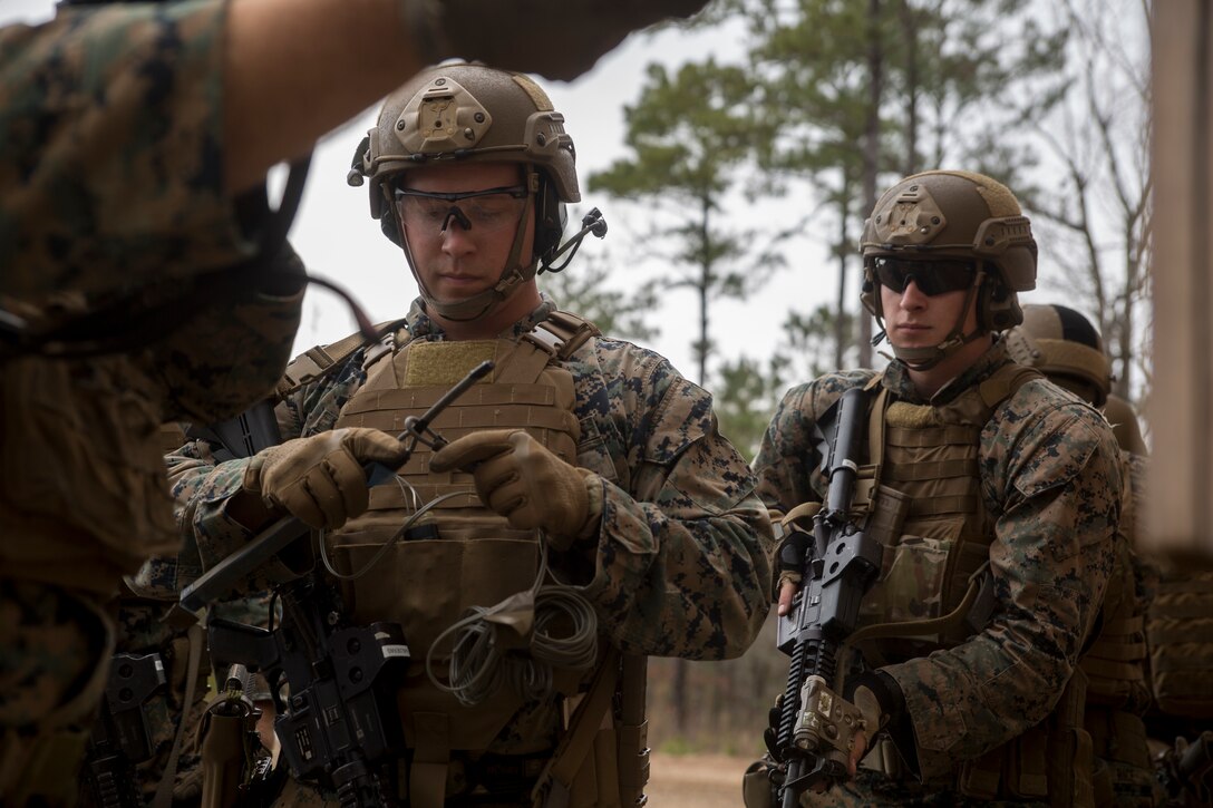 Cpl. Samuel Valderas primes an exterior strip charge during an urban breaching range at Camp Lejeune, N.C., Feb. 12, 2018. The range was conducted in preparation for the platoon’s upcoming deployment with the 22nd Marine Expeditionary Unit. Valderas is a reconnaissance Marine with 2nd Reconnaissance Battalion, 2nd Marine Division. (U.S. Marine Corps photo by Cpl. Victoria Ross)