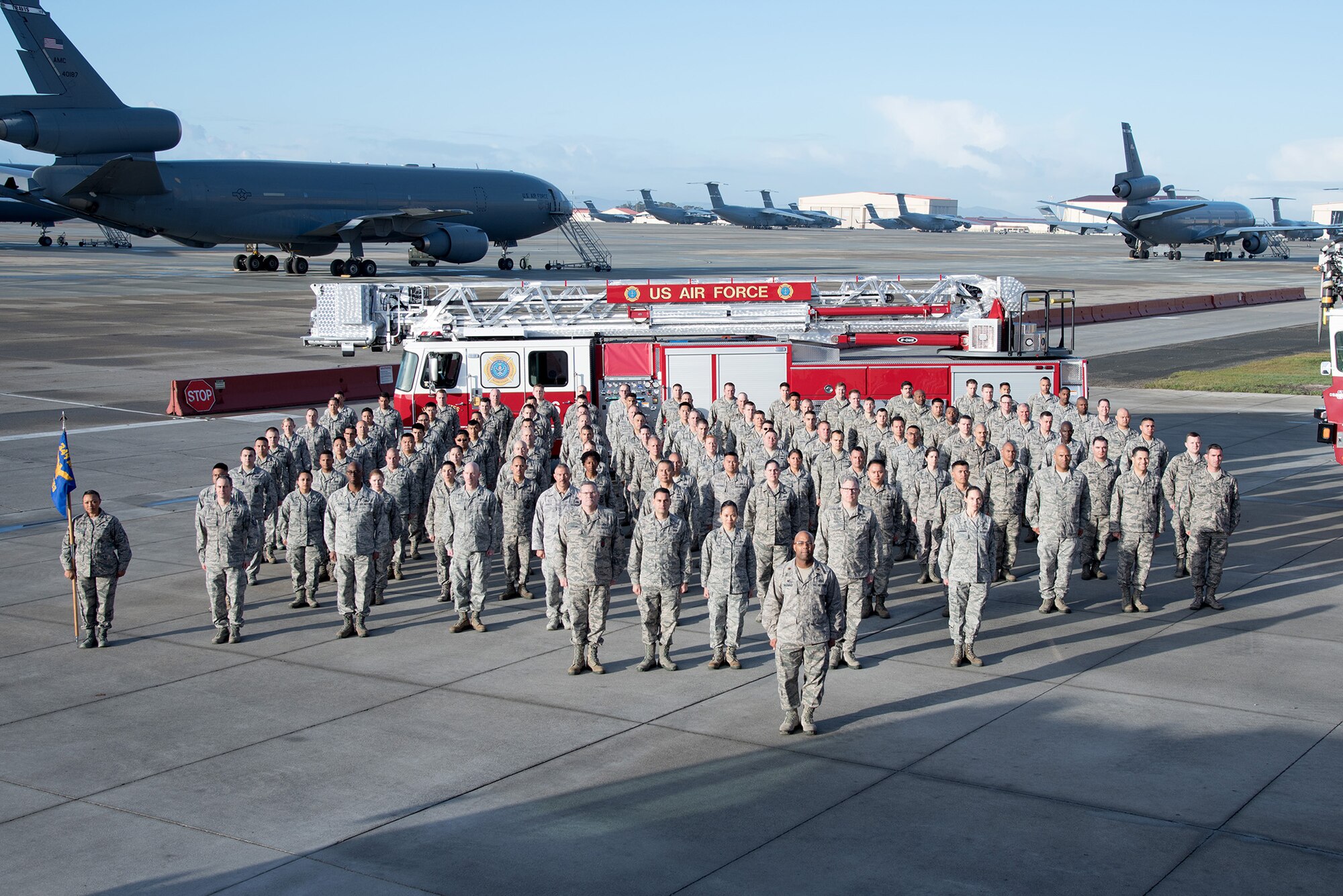 The 349th Civil Engineer Squadron poses for a group photo at Travis Air Force Base, Calif., on March 3, 2018.