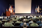 DLA Vice Director Ted Case addresses the reservists attending the 2018 JRF Mid-Year Leadership Review, March 16. Photo by Air Force Master Sgt. J. Scott Mathews.