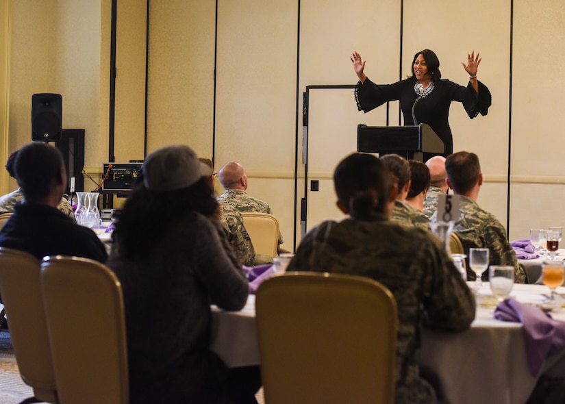 Joan Robinson-Berry, vice president and general manager of Boeing South Carolina, gives a motivational speech March 20, 2018, at Joint Base Charleston, S.C.