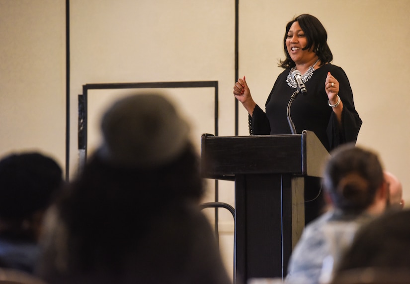 Joan Robinson-Berry, vice president and general manager of Boeing South Carolina, smiles during her speech March 20, 2018, at Joint Base Charleston, S.C.