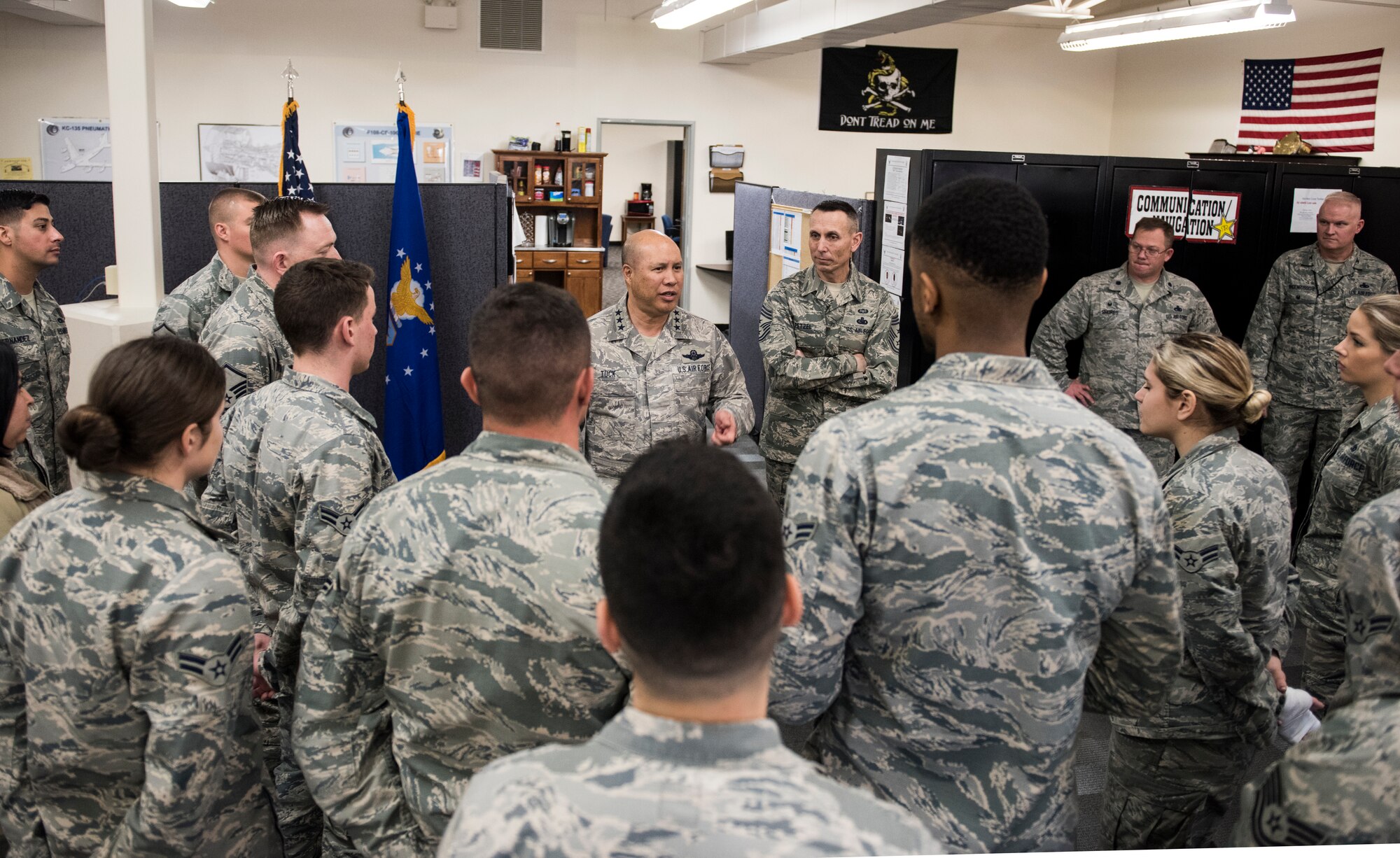 Lt. Gen. GI Tuck, 18th Air Force commander, speaks with Airmen from the 92nd Aircraft Maintenance Squadron during a mission immersion March 20, 2018, at Fairchild Air Force Base, Washington. Tuck said his team was impressed with Fairchild’s innovations and encouraged Airmen to continue to speak up about ways to execute the mission better. (U.S. Air Force photo/Senior Airman Sean Campbell)