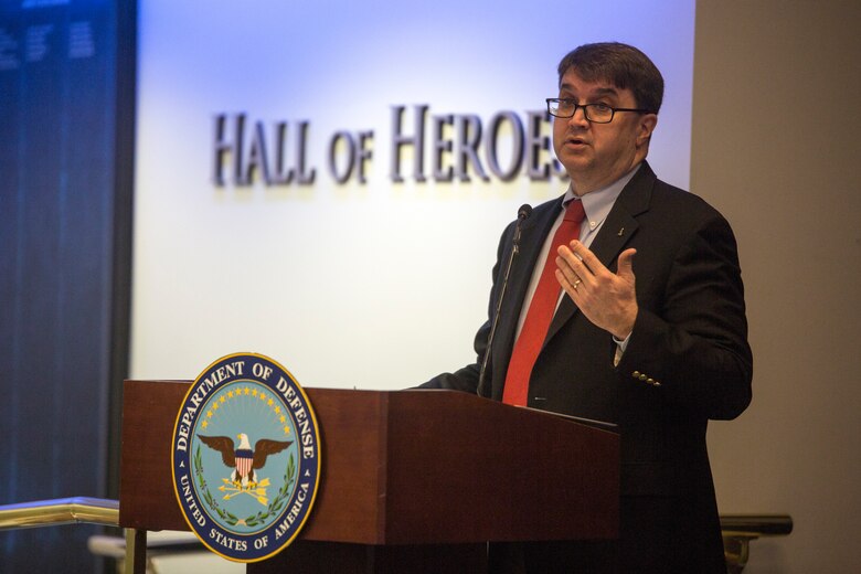 Honorable Robert Wilkie, Under Secretary of Defense for Personnel and Readiness, speaks to a gathering of service members from each military branch about the importance of family readiness at the 2017 Department of Defense Family Readiness Award, at the Pentagon's Hall of Heroes, Arlington, Virginia, March 23, 2018. The ceremony was held to recognize Combat Logistics Battalion 451,4th Marine Logistics Group, and top units from each branch, for having outstanding support programs for service members and their families. (U.S. Marine Corps photo by Cpl. Dallas Johnson)
