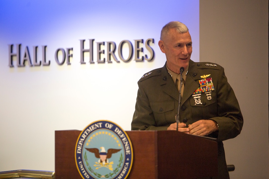 Lt. Gen. Rex C. McMillian, commander of Marine Forces Reserve and Marine Forces North, speaks at the 2017 Department of Defense Reserve Family Readiness Award ceremony about the Marines of Combat Logistics Battalion 451, 4th Marine Logistics Group, Marine Forces Reserve, before awarding them the 2017 Reserve Family Readiness Award, at the Pentagon's Hall of Heroes, Arlington, Virginia, March 23, 2018. The ceremony was held to recognize CLB-451, and reserve units in all branches of service, for demonstrating excellence in engaging with and supporting their members' families. (U.S. Marine Corps photo by Cpl. Dallas Johnson)