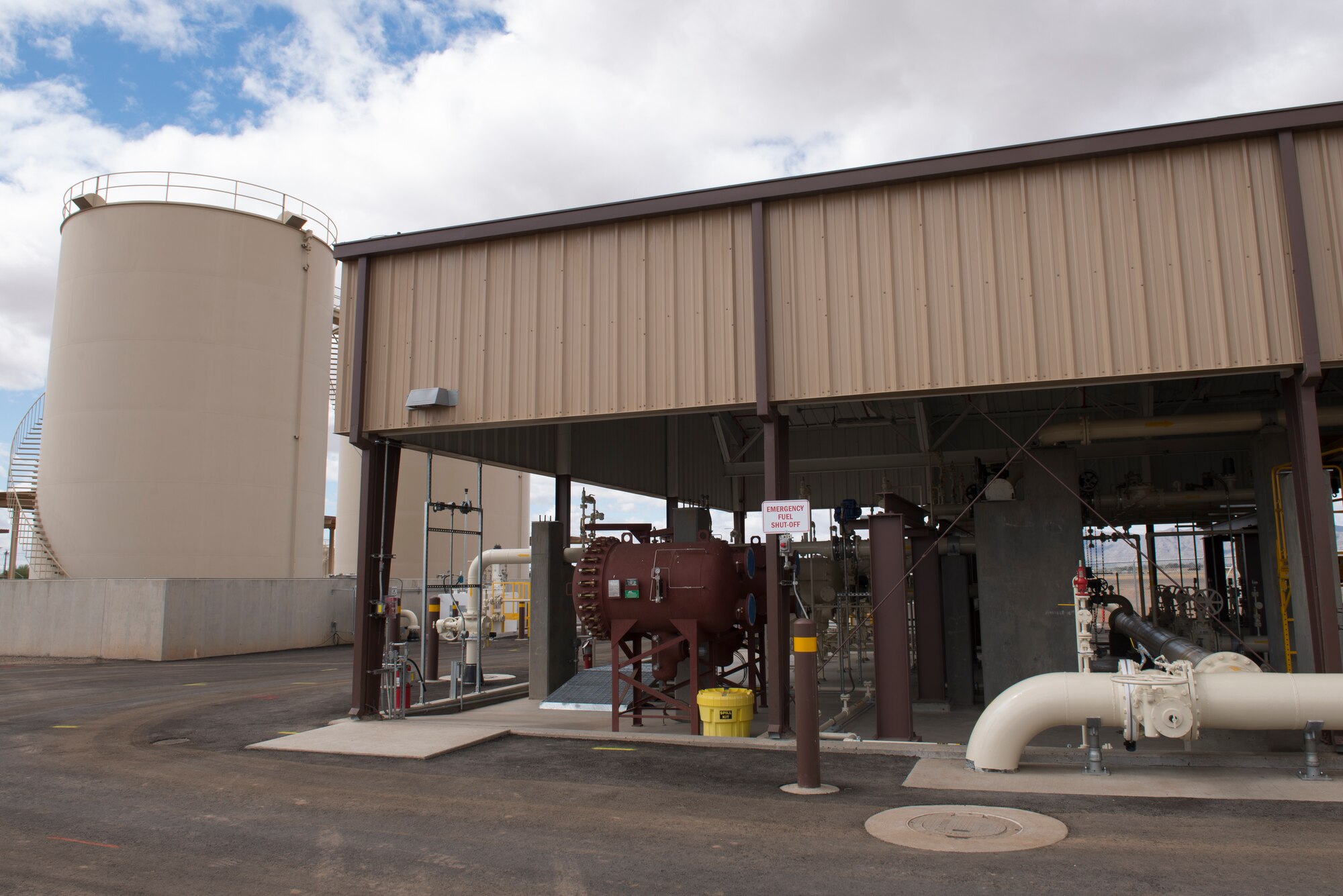 The 56th Logistics Readiness Squadron Fuels Management Flight pump house at Luke Air Force Base, Ariz., March 15, 2018. The pump house delivers fuel directly to a fill stand on the flight line, where fuel trucks supplying fighter aircraft refill. (U.S. Air Force photo by Senior Airman Ridge Shan)