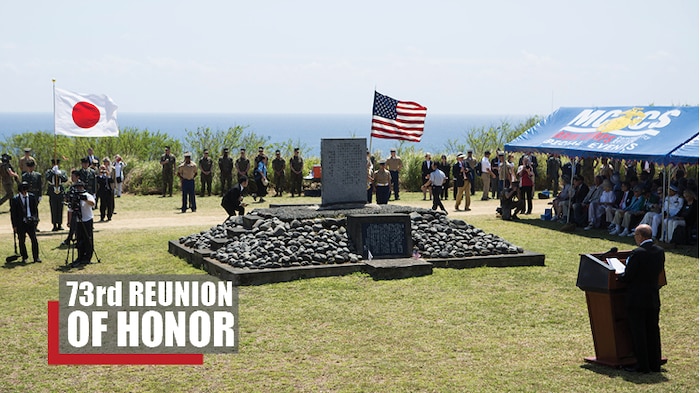 “The peace and prosperity we enjoy today is built upon the ultimate sacrifice of brave soldiers who loved their respective countries,” said Mr. Tetsuro Teramoto, the president of the Japanese Iwo-to Association, during the 73rd Reunion of Honor March 24, 2018 on Iwo To, Japan. The Reunion of Honor is an annual event held to commemorate the sacrifices made by those who served during the Battle of Iwo Jima. (U.S. Marine Corps photo by Lance Cpl. Jamin M. Powell)