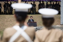 Mr. Ichiro Aisawa, the president of the Japanese Parliamentary League for Iwo To, also a Member of the Japanese House of Representatives, delivers a message of unity and friendship between Japan and the U.S. during the 73rd Reunion of Honor March 24, 2018 on Iwo To, Japan. The Reunion of Honor is an annual event made to bring the Japanese and U.S. together to honor those who fought during the Battle of Iwo Jima. (U.S. Marine Corps photo by Lance Cpl. Jamin M. Powell)