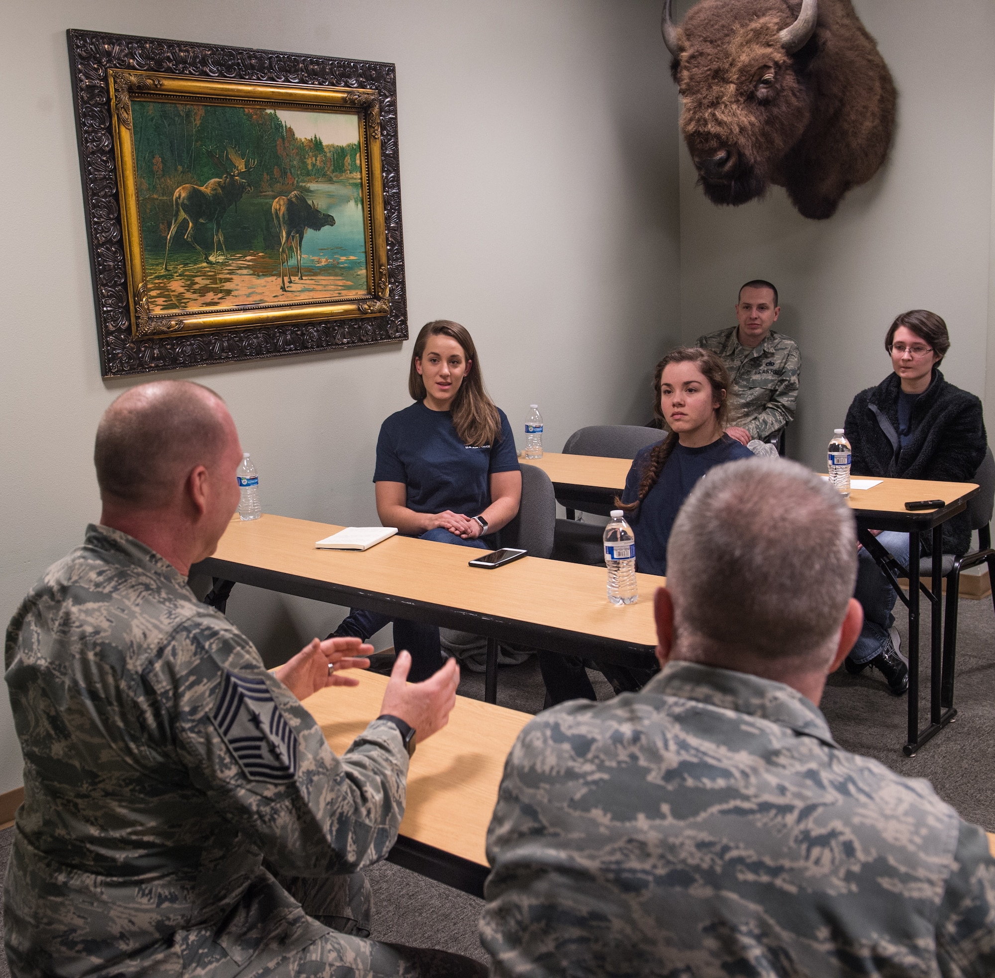 Future Airmen from across the state of Alaska gathered to speak with Air Force Recruiting Service leadership and to get a taste of basic military training in Anchorage, Alaska, March 13, 2018. U.S. Air Force Col. Bob Trayers, AFRS vice commander, and Chief Master Sgt. Brian Labounty, AFRS command chief, came from Headquarters AFRS, Joint Base San Antonio-Randolph, Texas, to work with the state’s recruiters, speak with the Air Force hopefuls about opportunities within the service and to answer any questions they had prior to shipping out to basic military training.