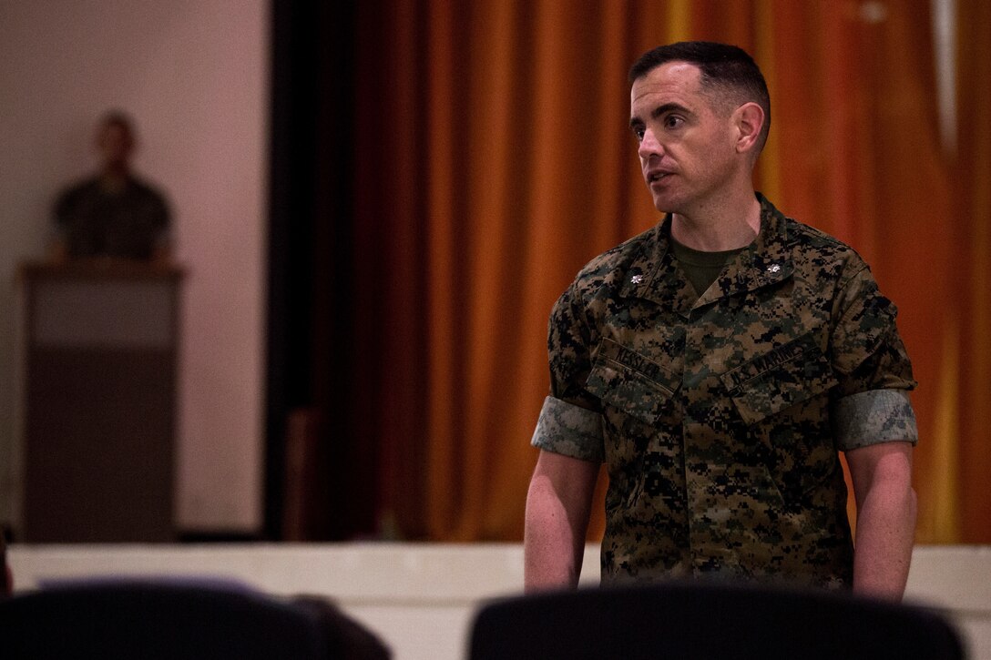 CAMP HANSEN, Okinawa, Japan (Mar. 22, 2018) – Lt. Col. Matthew J. Kessler, III Marine Expeditionary Force Support Battalion’s first commanding officer, gives a speech during the III MSB’s activation ceremony, Mar. 22, 2018, at Camp Hansen, Okinawa, Japan. Kessler is a native of Kingsport, New York. III MSB’s mission is to provide combat service support, security and administrative services to the command elements of III MEF, III Marine Expeditionary Brigade and III MEF Information Group. (U.S. Marine Corps photo by Sgt. Amaia Unanue/Released)