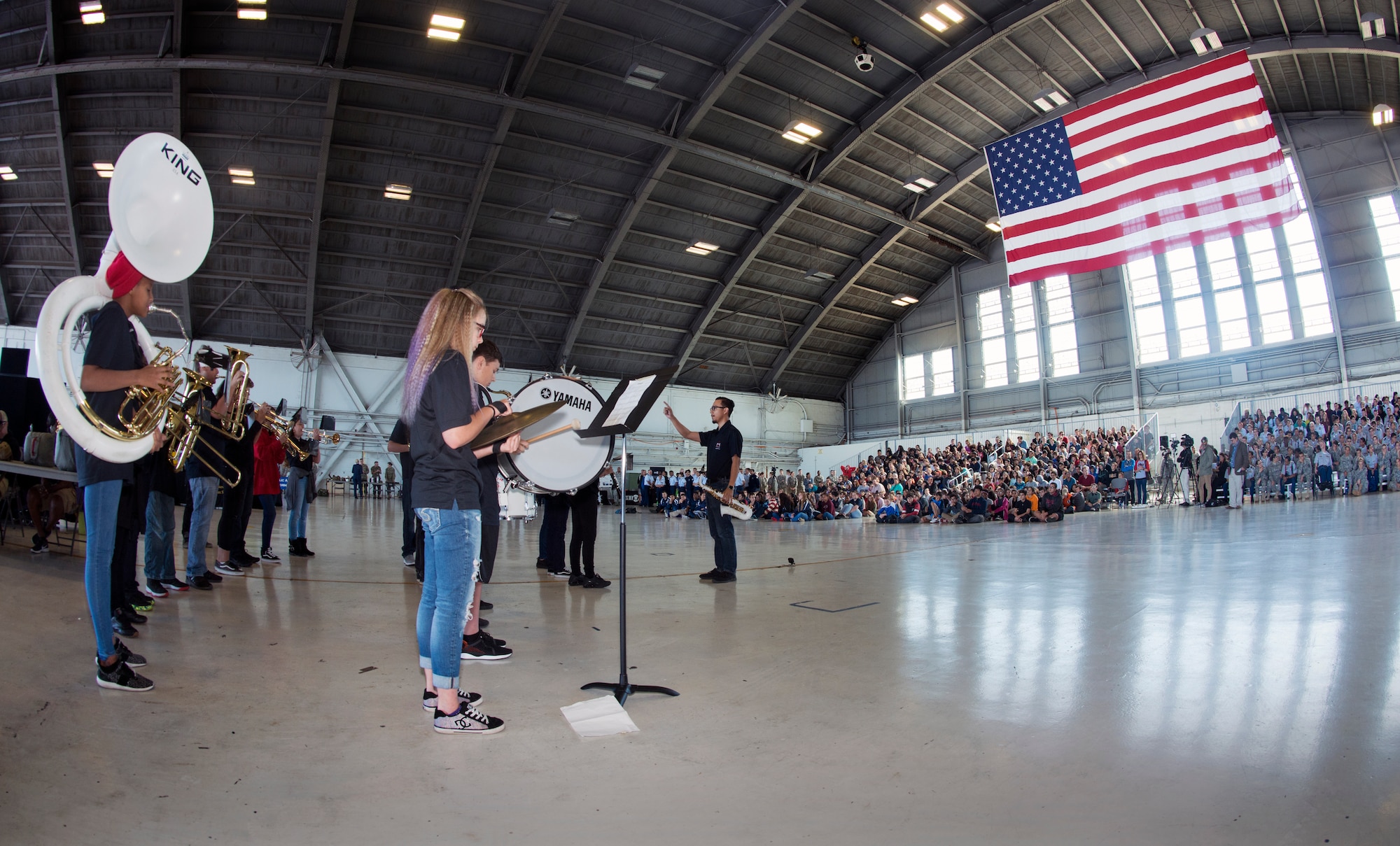 The James Monroe Middle School Chargers Band from Tampa, Fla. plays a song during the Science, Technology, Engineering, Arts and Math (STEAM) Day at MacDill Air Force Base, Fla., March 21, 2018.