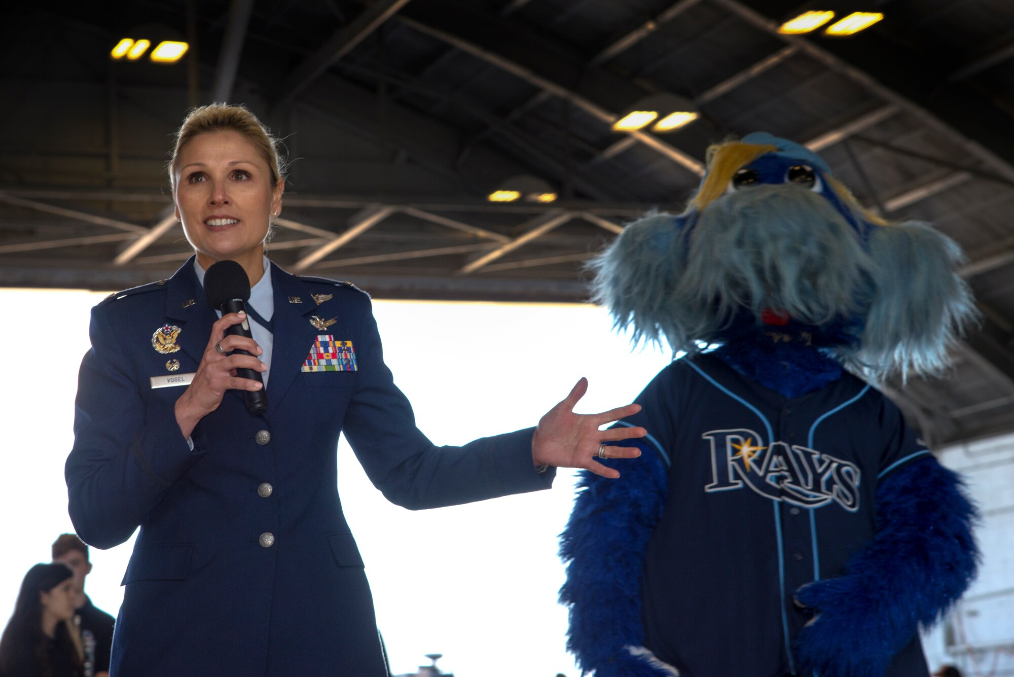 U.S. Air Force Col. April Vogel, the commander for the 6th Air Mobility Wing, gave opening remarks during the Science, Technology, Engineering, Arts and Math (STEAM) Day at MacDill Air Force Base, Fla., March 21, 2018.