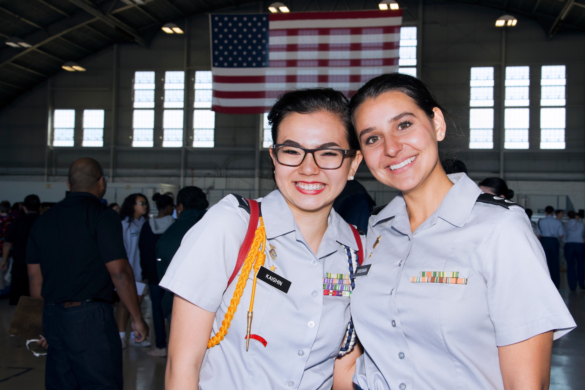 Junior Reserve Training Corps (JROTC) 1st Lt. Gwyneth Kaighin, and 1st Lt. Isabelle Guevara, both Florida JROTC cadets, pause for photo during the Science, Technology, Engineering, Arts and Math (STEAM) Day at MacDill Air Force Base, Fla., March 21, 2018.