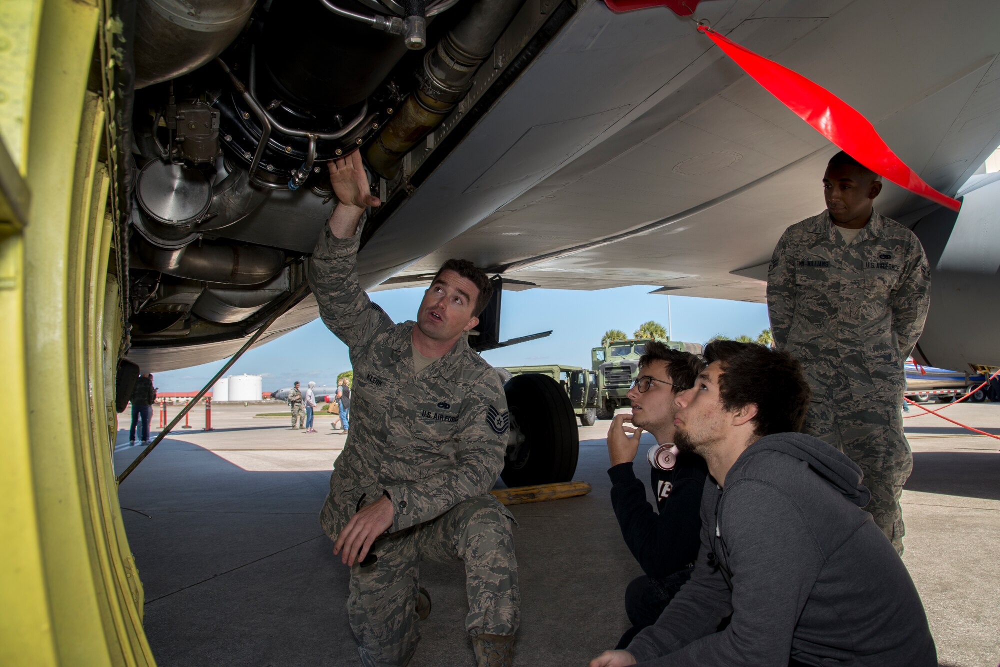 U.S. Air Force Tech. Sgt. Jonathan Klenk, an electrical and environmental technician assigned to 6th Aircraft Maintenance Squadron, shows the air condition system of a KC-135 Stratotanker aircraft during the Science, Technology, Engineering, Arts and Math (STEAM) Day at MacDill Air Force Base, Fla., March 21, 2018.