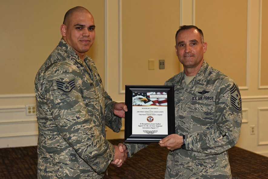 U.S. Air Force Staff Sgt. Christian Arvelo, Air Force Sergeants Association President Chapter 377 president, left, presents Chief Master Sgt. Daniel Hoglund, 20th Fighter Wing command chief, with an honorary president’s award at Shaw Air Force Base, S.C., March 20, 2018.
