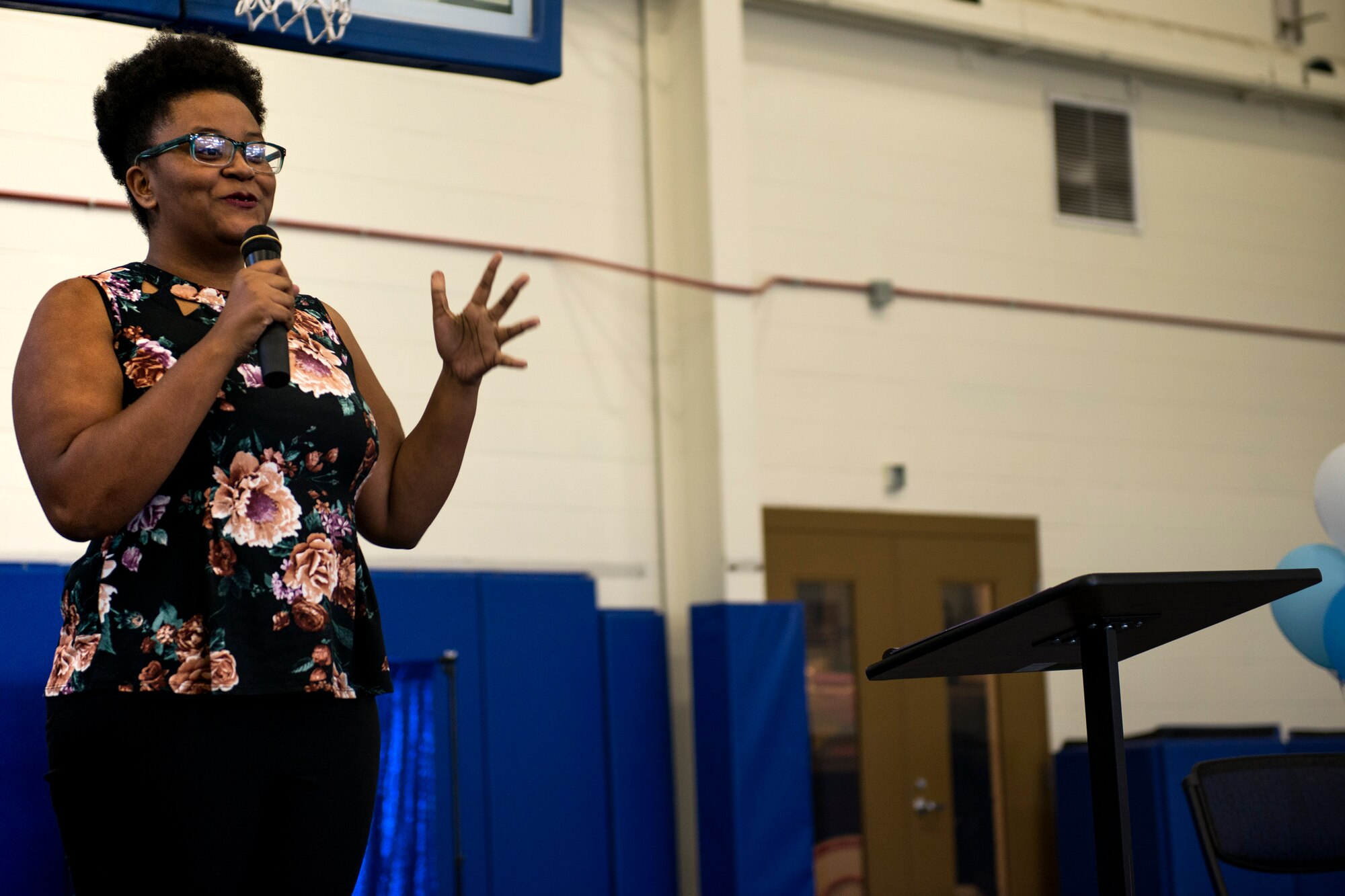 Brandace Jones, daughter of Carlos Jones, unit director for the Boys and Girls Club of Lake Laurie, recites her speech during the Youth of the Year Finalist Celebration, March 23, 2018, at Moody Air Force Base, Ga. The Youth Center hosted the event to give parents and community members a chance to see the competitors give their speeches they presented during the Georgia State Youth of the Year Competition. This was the first time two competitors from southeast region made it to the semifinals at the same time. (U.S. Air Force photo by Airman 1st Class Erick Requadt)