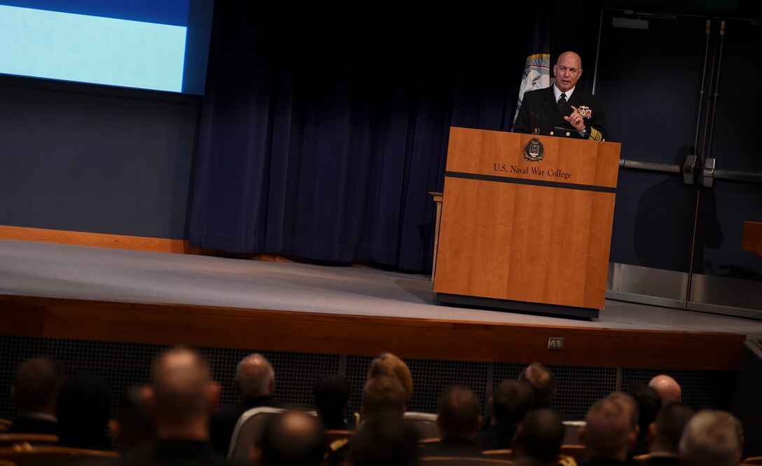 Adm. Kurt Tidd gives a speech at the Naval War College.