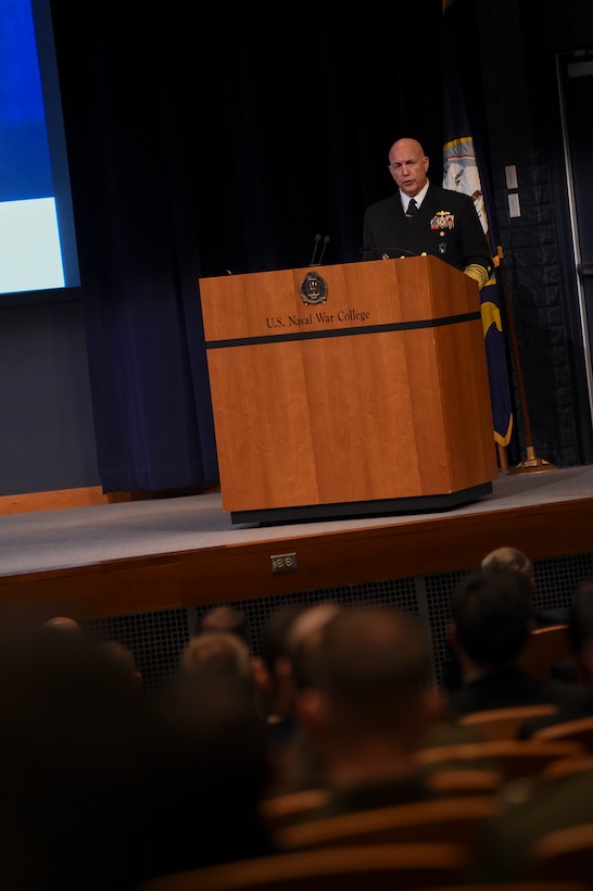 Adm. Kurt Tidd gives a speech at the Naval War College.