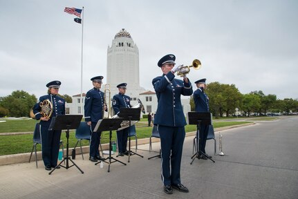The U.S. Air Force Band of the West plays during a wreath-laying ceremony March 23, 2018 at Joint Base San Antonio-Randolph, TX. The ceremony is held annually and is followed by a prisoner of war symposium that allows former POWs to share their experiences in Vietnam. (U.S. Air Force photo by Sean Worrell)