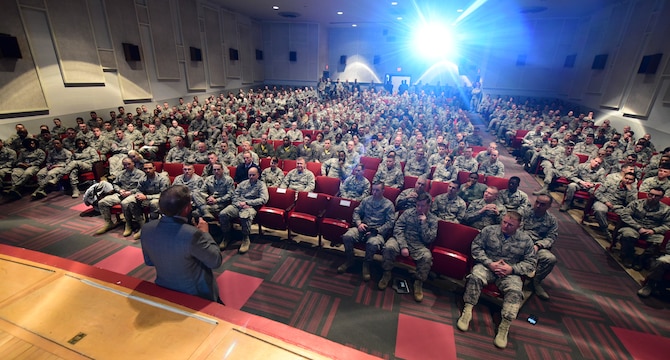 Retired Chief Master Sgt. of the Air Force Rodney J. McKinley addresses Team Ellsworth during an all call at Ellsworth Air Force Base, S.D., March 23, 2018. During his visit, McKinley spoke during an all call, visited Airmen from one of his former career fields and welcomed Ellsworth AFB’s newest chief master sergeants during a chief master sergeant induction ceremony. (U.S. Air Force photo by Senior Airman Randahl J. Jenson)