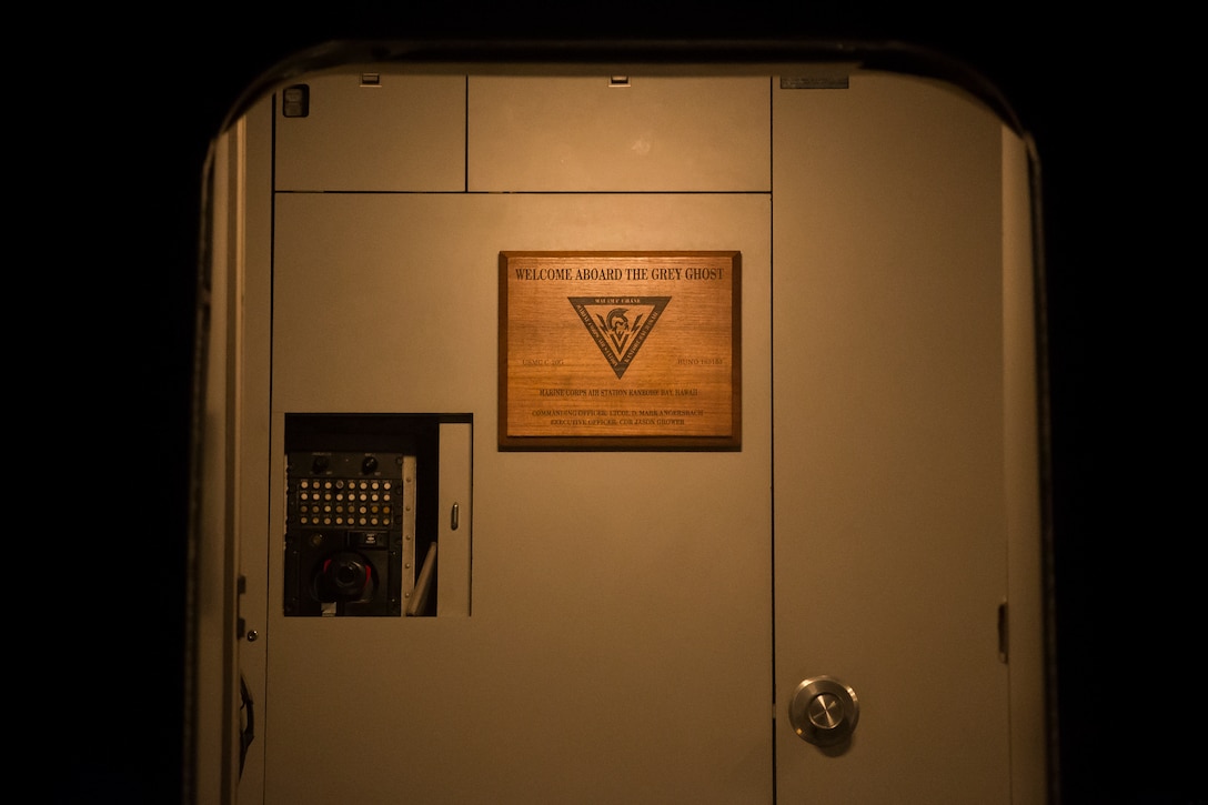 A welcoming plaque is on display inside of The Grey Ghost, a C-20G aircraft, Marine Corps Air Station Kaneohe Bay,Marine Corps Base Hawaii, Mar. 13, 2018. The Grey Ghost is the only Marine Corps C-20G currently in service and was used to return the repatriated remains of Service members from Tarawa, Republic of Kiribati. The Battle of Tarawa was a battle in the Pacific Theater of World War II that was fought from November 20 to November 23, 1943. (U.S. Marine Corps photo by Sgt. Alex Kouns)