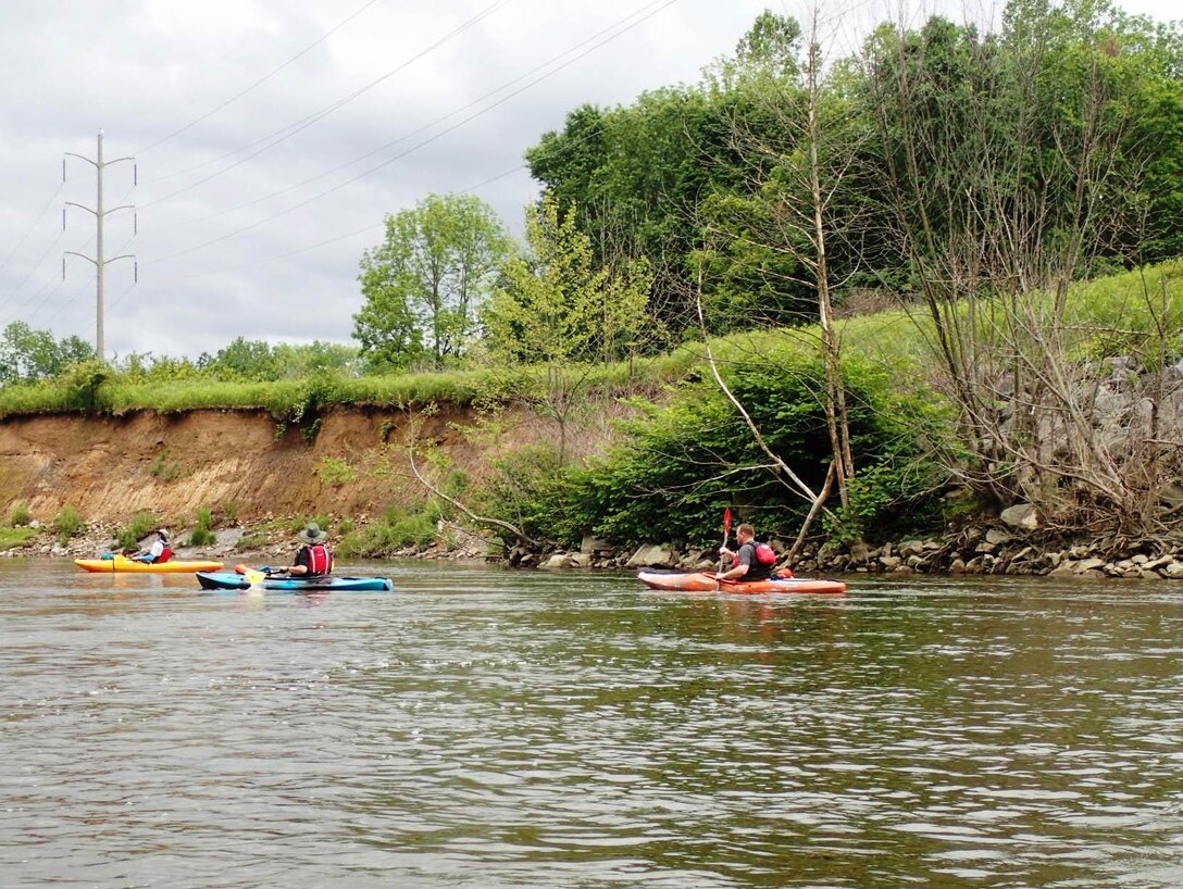 U.S. Army Corps of Engineers, Buffalo District's Mike Snyder and Dan Bennett accompany Chris David with the Cuyahoga Valley National Park as part of a comprehensive streambank assessment of the Cuyahoga River June 7, 2017.