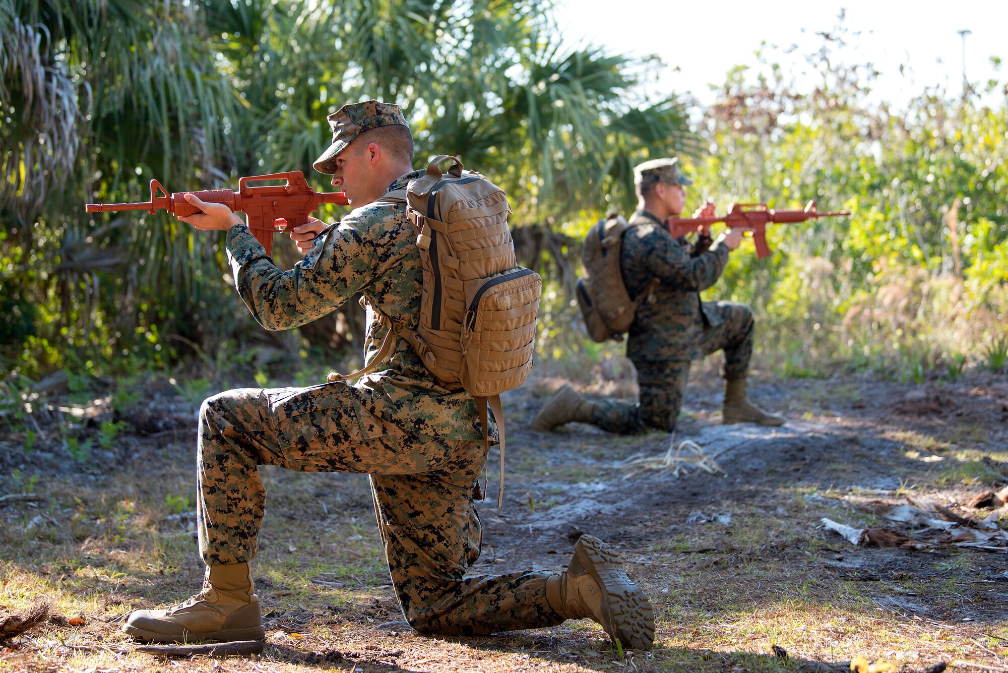 U.S. Marines provide security during a U.S. Marine Corps Forces Central Command (MARCENT) noncommissioned officer (NCO) field exercise at MacDill Air Force Base, Fla., March 14-15, 2018. MARCENT hosted this exercise to refresh proficiency in basic infantry and develop NCO skills.