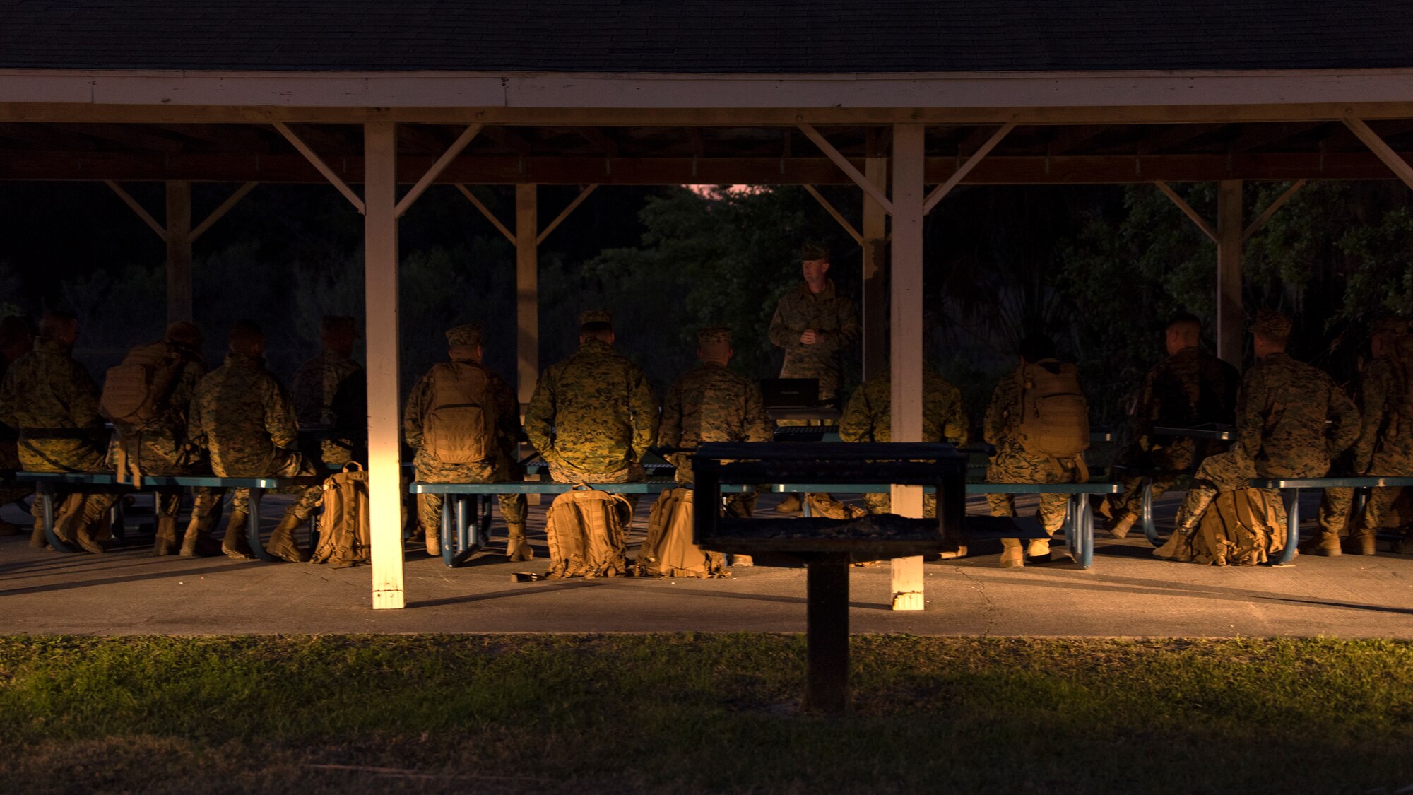 U.S. Marines sit in a class during a U.S. Marine Corps Forces Central Command noncommissioned officer field exercise at MacDill Air Force Base, Fla., March 14-15, 2018. The exercise included classes on drill, land navigation and patrolling, communication, and leadership.