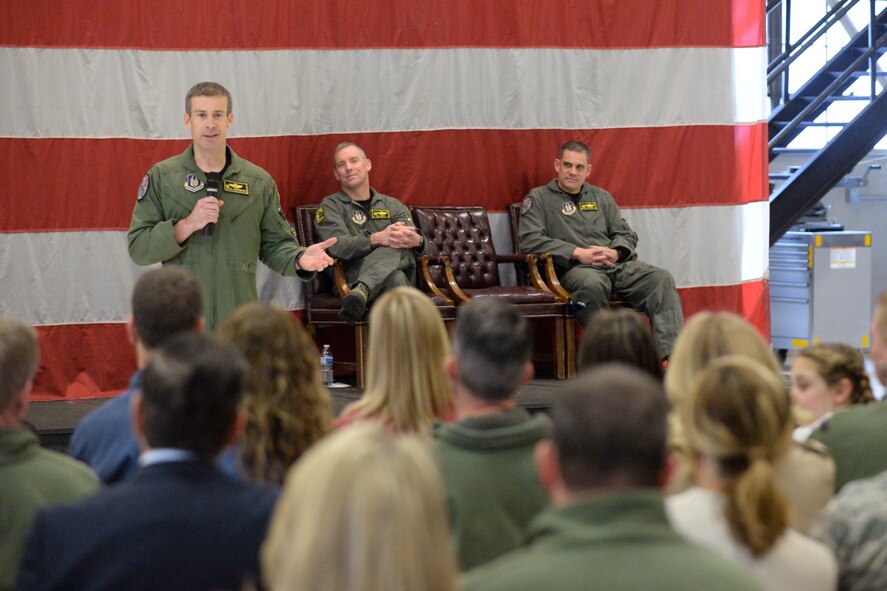 Col. Sean Carpenter, the new commander of the 419th Operations Group, speaks to a crowd of Airmen, base leadership, and community leaders