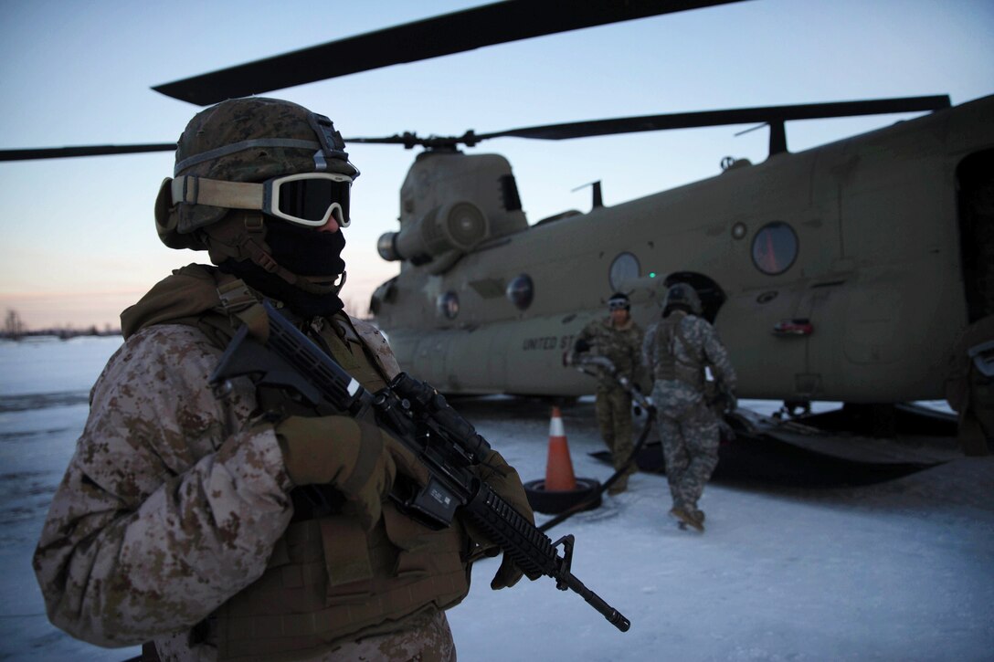 A Marine provides security.