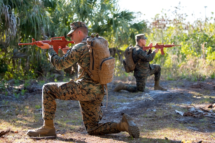 U.S. Marines provide security during a U.S. Marine Corps Forces Central Command (MARCENT) noncommissioned officer (NCO) field exercise at MacDill Air Force Base, Fla., March 14-15, 2018. MARCENT hosted this exercise to refresh proficiency in basic infantry and develop NCO skills.