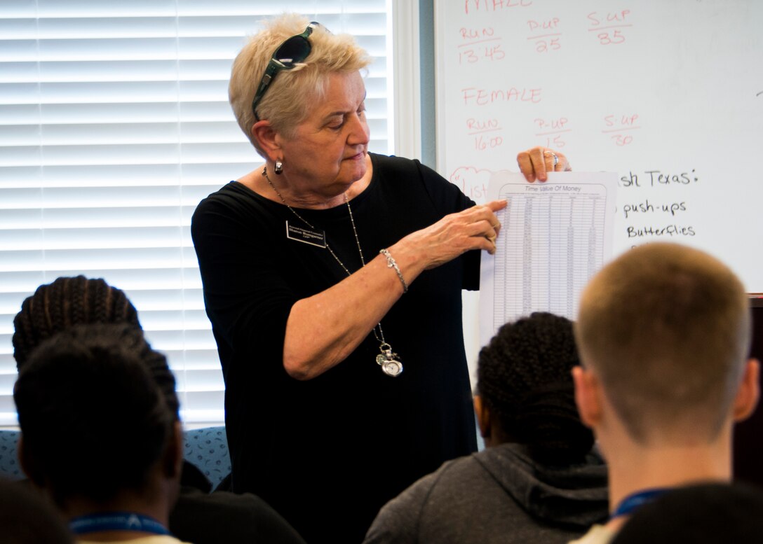 Sharon Bumgarner, Personal Financial Counselor, shares tips on managing money with students from the 919th Development and Training Flight