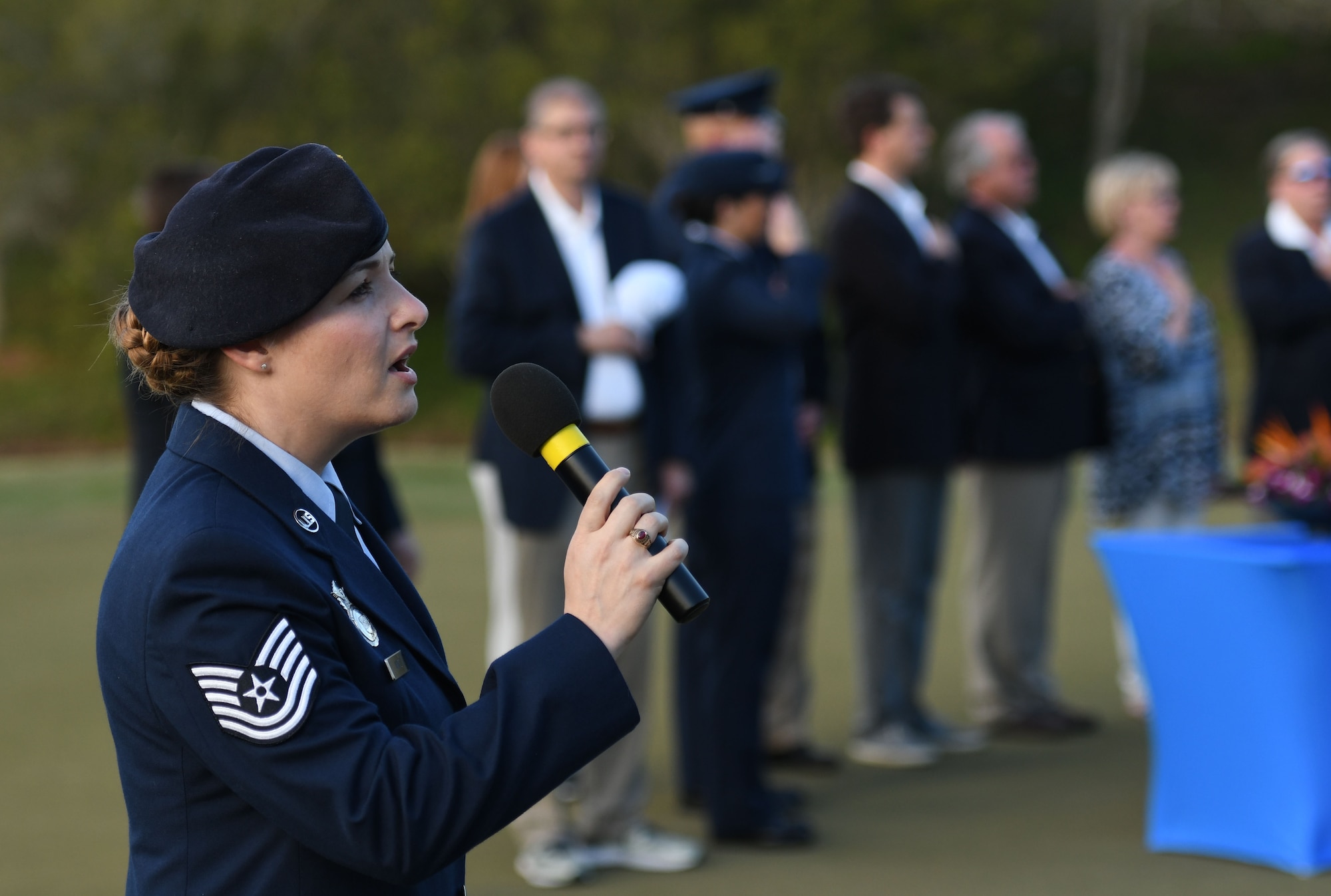 U.S. Air Force Tech. Sgt. Jennifer Watts, 81st Training Wing command chief executive assistant, during the Rapiscan Systems Classic Champions Tour at Fallen Oak Golf Club March 25, 2018, in Saucier, Mississippi. Keesler personnel performed the national anthem and presented the colors during the closing ceremony of the three-day event. (U.S. Air Force photo by Kemberly Groue)