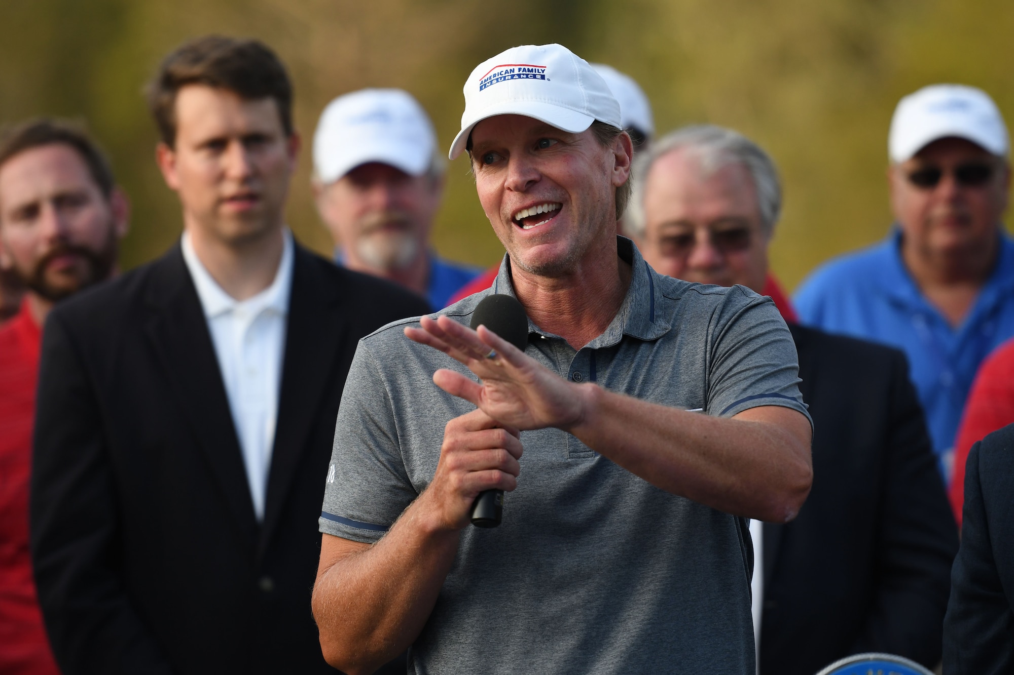 Steve Stricker, Professional Golfers’ Association golfer, delivers remarks after winning the Rapiscan Systems Classic Champions Tour at Fallen Oak Golf Club March 25, 2018, in Saucier, Mississippi. Keesler personnel performed the national anthem and presented the colors during the closing ceremony of the three-day event. This is the fifth year that the event has been held on the coast. (U.S. Air Force photo by Kemberly Groue)