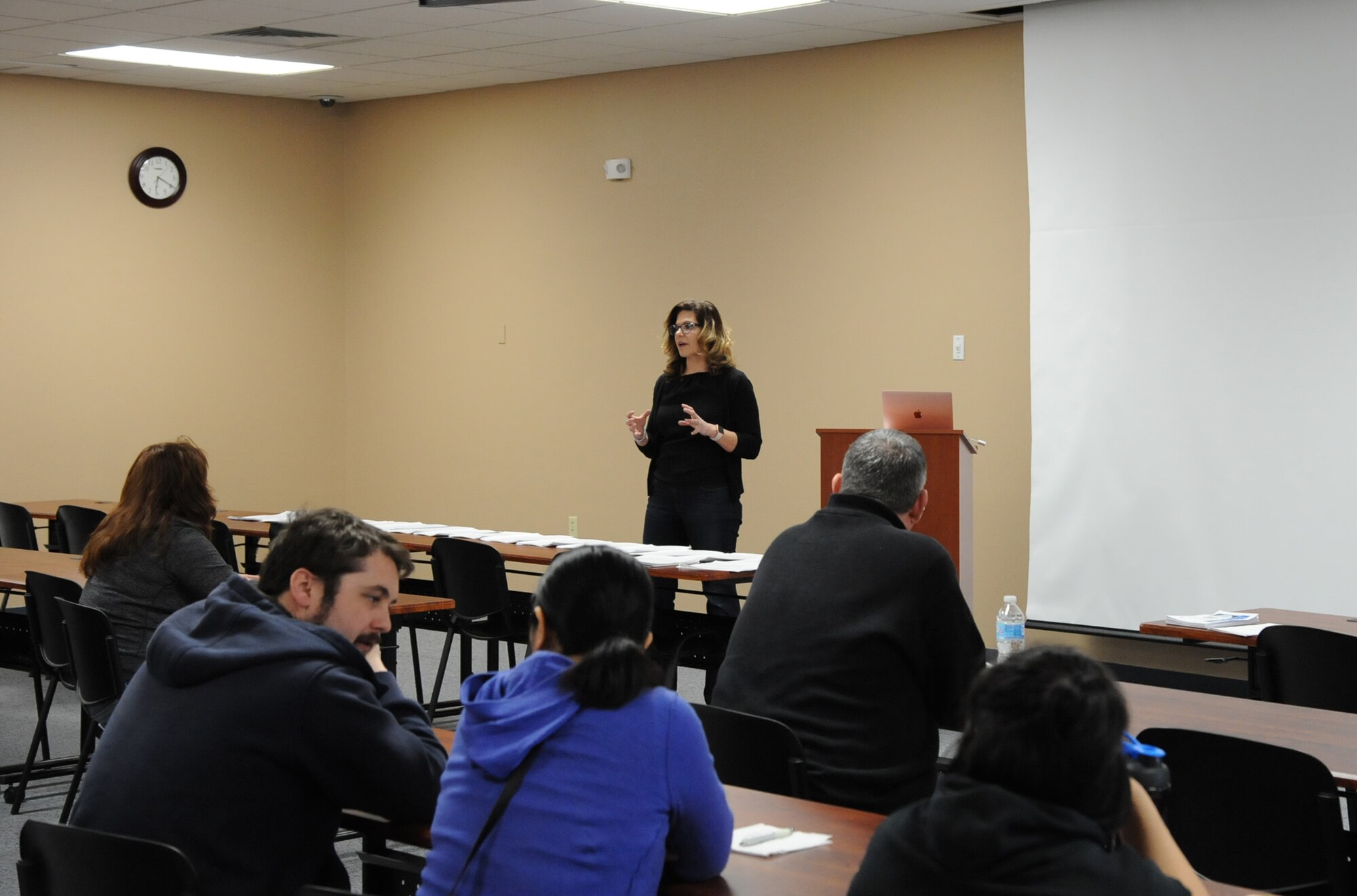 Stephanie Balkey, 341st Force Support Squadron human resources officer and military spouse, discusses different personality types and how to use strengths to help build and grow relationships during a Let’s Talk Malmstrom Spouse event March 26, 2018, at Malmstrom Air Force Base, Mont. Let’s Talk is a monthly event geared toward providing professional and personal development for military spouses. (U.S. Air Force photo by Christy Mason)