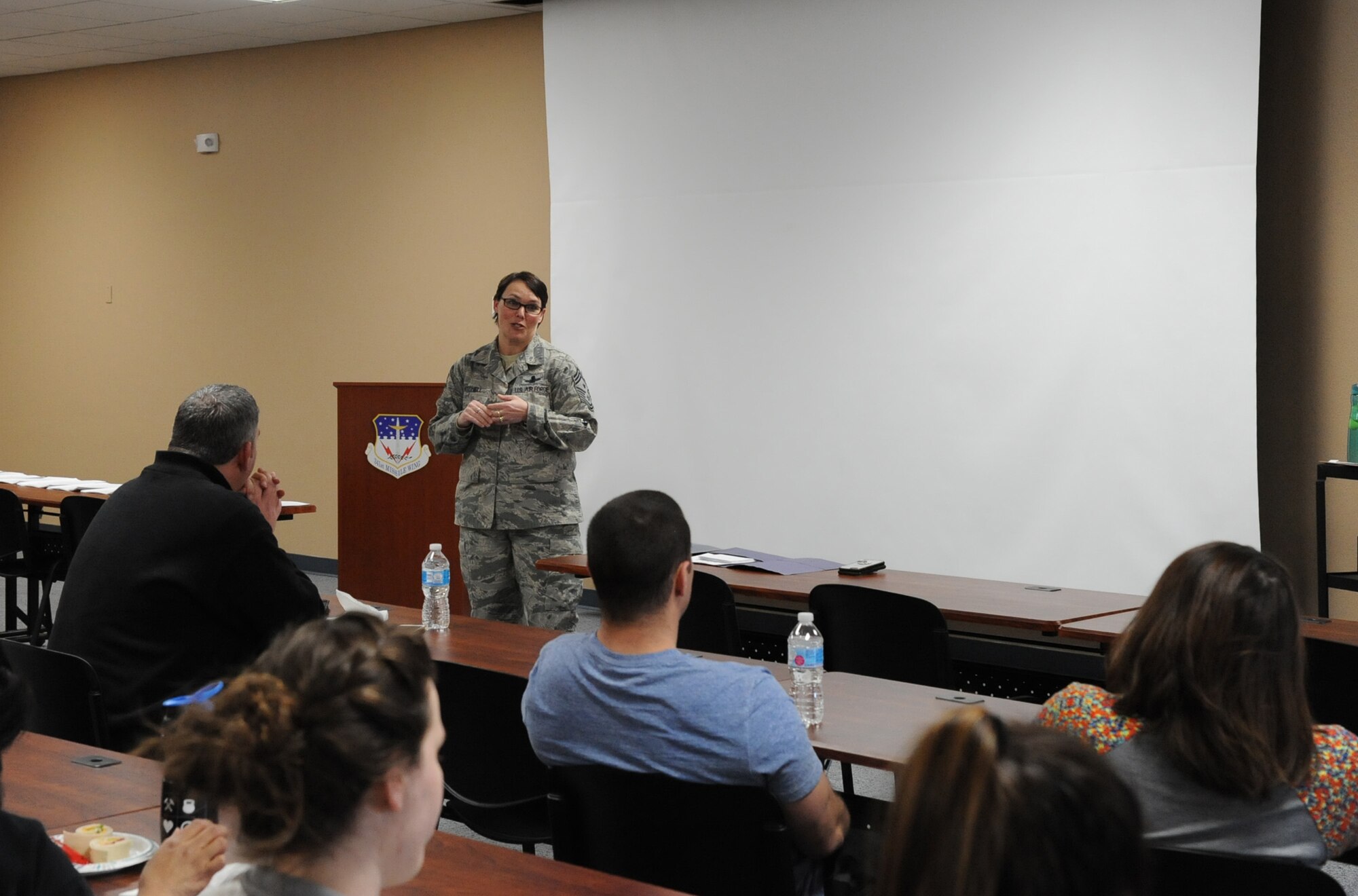 Chief Master Sgt. Amber Mitchell, 341st Missile Wing command chief, speaks to spouses at a Let’s Talk Malmstrom Spouses event March 26, 2018, at Malmstrom Air Force Base, Mont. Let’s Talk is a monthly event geared toward providing professional and personal development for military spouses. The next Let’s Talk event is scheduled April 30 at 6 p.m. at the Circle. (U.S. Air Force photo by Christy Mason)