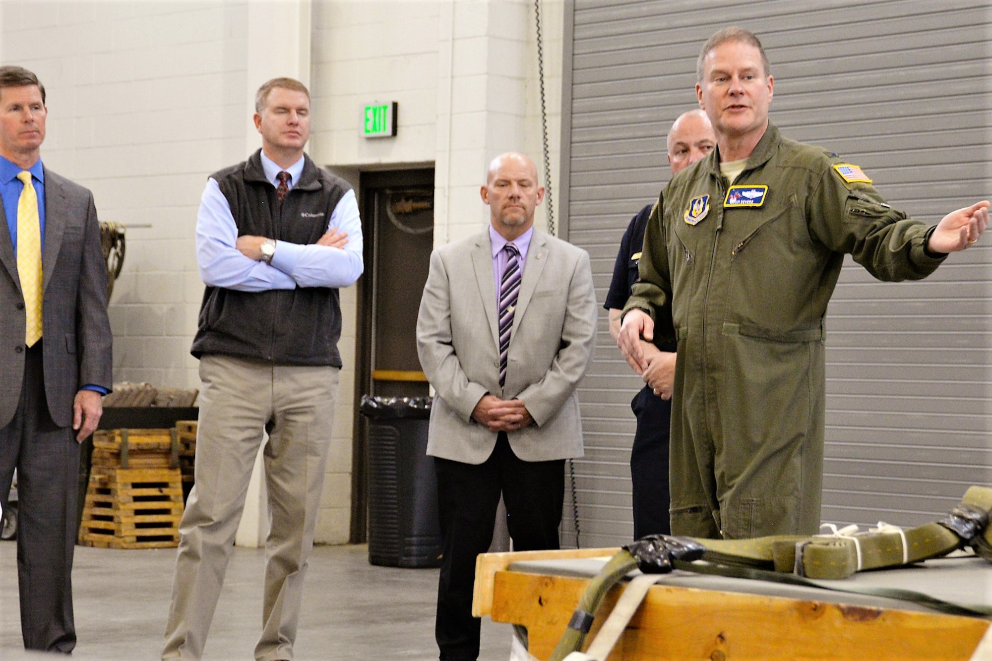 Col. James DeVere, the 302nd Airlift Wing commander, explains the Reserve wing’s aerial port mission to members of the Colorado Springs Chamber & EDC’s Military Affairs Council, Area Chiefs of Staff forum during a meeting hosted by 302nd AW and 310th Space Wing commanders at Peterson Air Force Base, Colorado March 21, 2018.