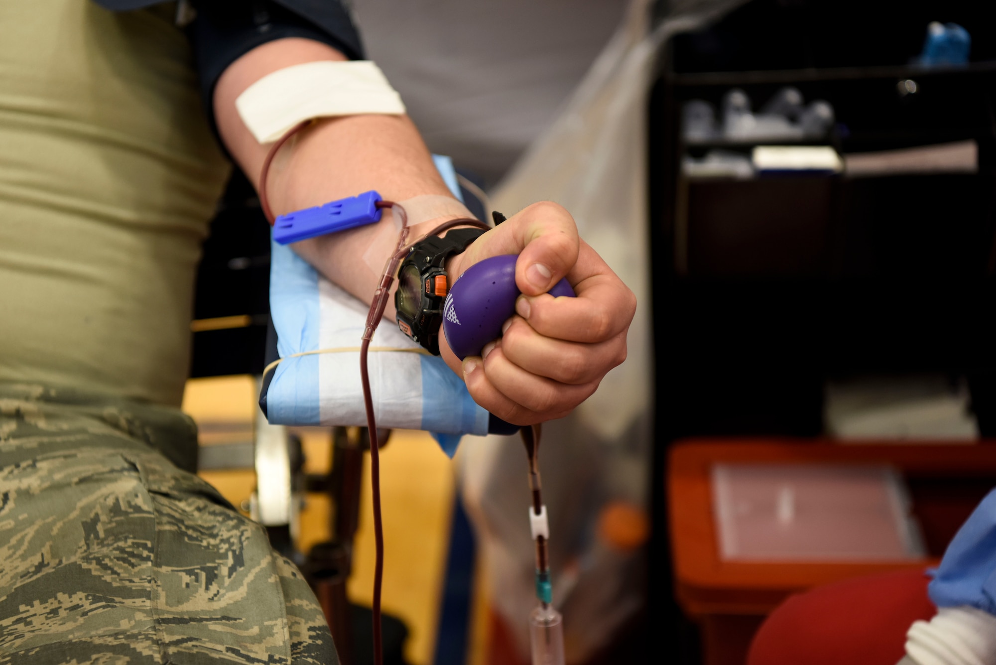 Team Dover participated in a blood drive hosted by the Armed Services Blood Program at the Dover Air Force Base Fitness Center March 19, 2018. The ASBP was established over 60 years ago to collect, process, store and transport blood and blood products to ill or injured service members, veterans and their families worldwide. (U.S. Air Force Photo by Airman 1st Class Zoe M. Wockenfuss)