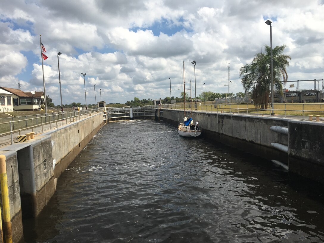 Sailboat in Ortona Lock chamber, looking east